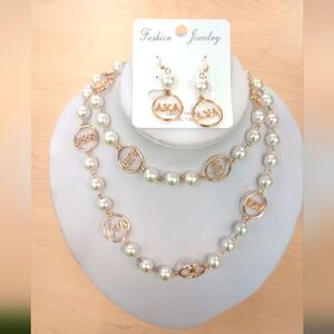 Elegant AKA Sorority Gold Tone with Pearl Earring and Necklace Jewelry Set